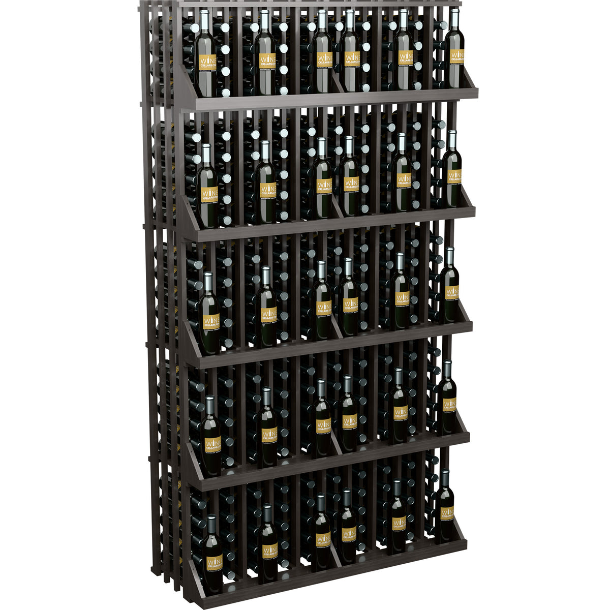 Wine bottle wall display with black frame and 5 horizontal shelves, holds many bottles