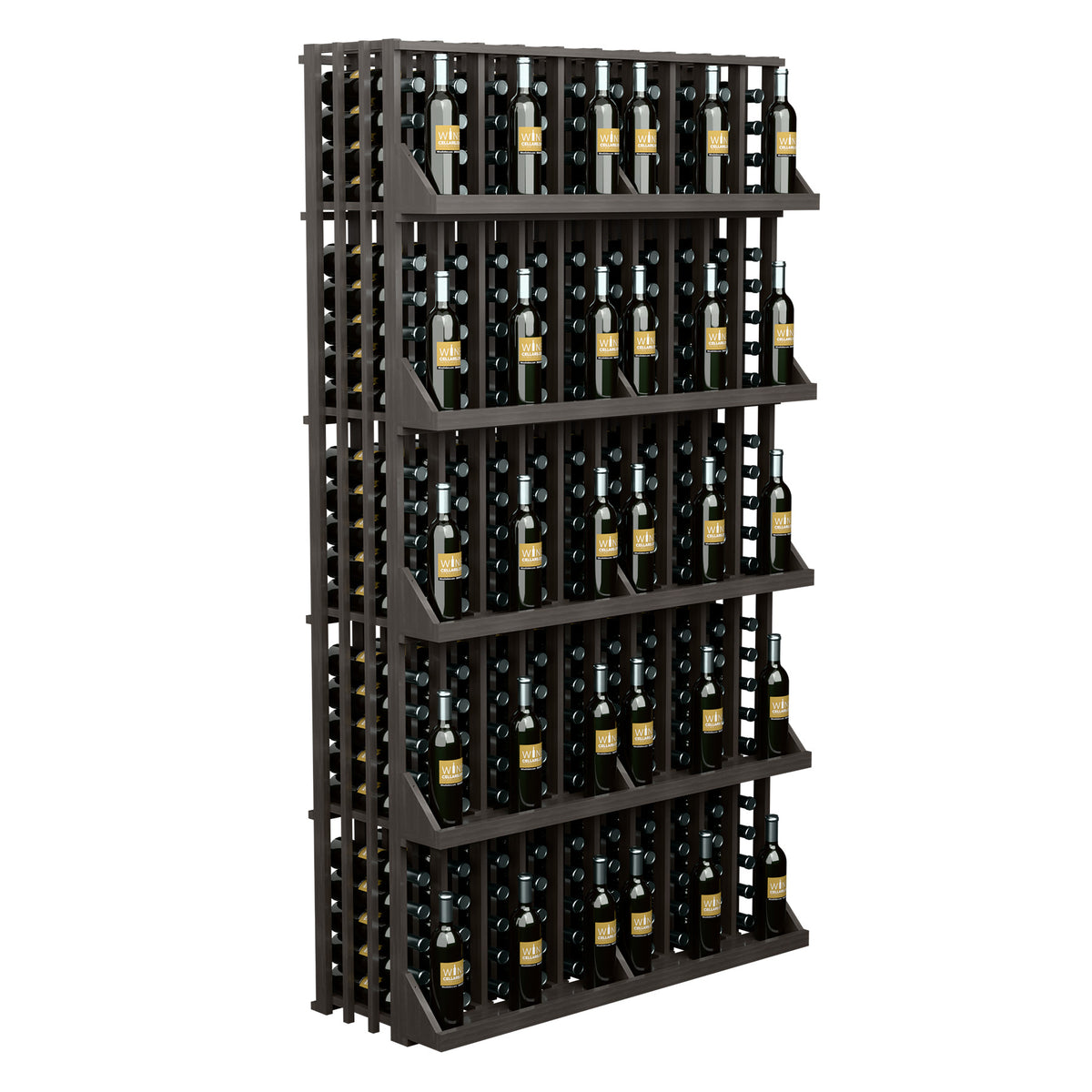 Wine bottle wall display with black frame and five shelves, front view of stored bottles