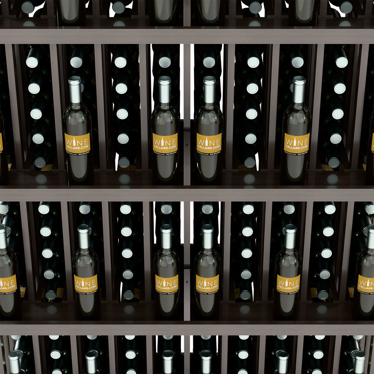 Wine bottle wall display interior view with 5 shelves and rows of bottles