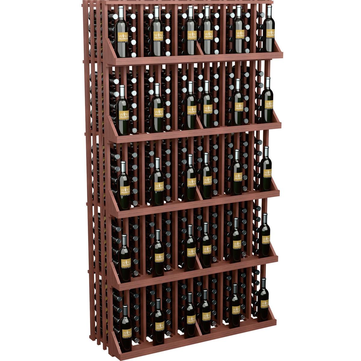 Deep brown wood wine bottle display rack with 5 shelves and bottle slots