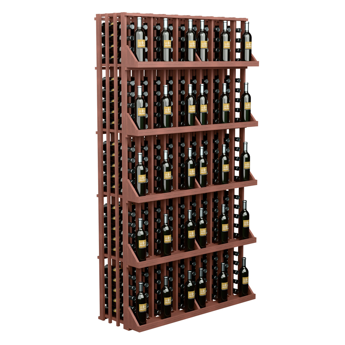 Rust-brown 5-shelf wine bottle display rack with slatted frame and bottle shelves.