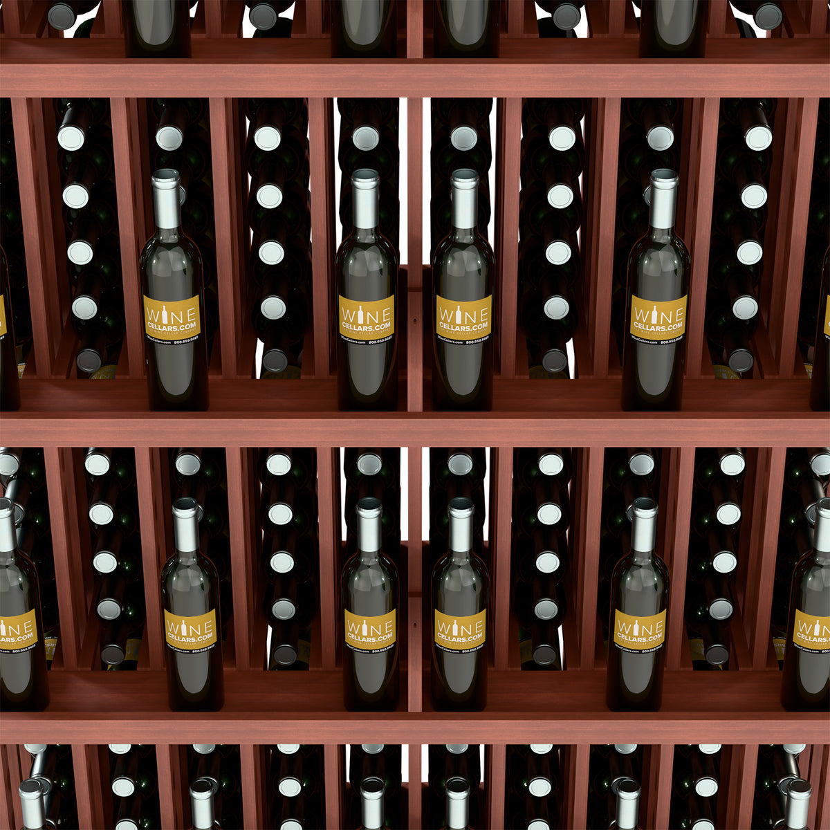 Close-up of wine bottle storage rows in dark rack with white bottle caps