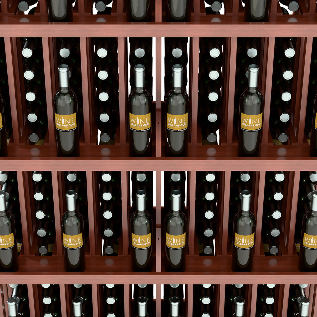 Wine bottle wall display interior with warm wood shelves and bottle necks visible