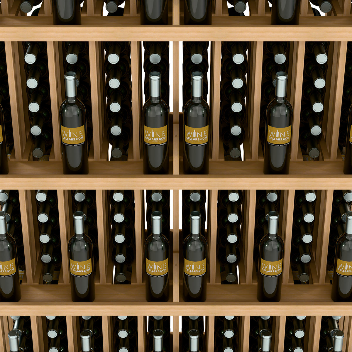 Wood wall wine bottle display showing open shelves with bottles in vertical slots
