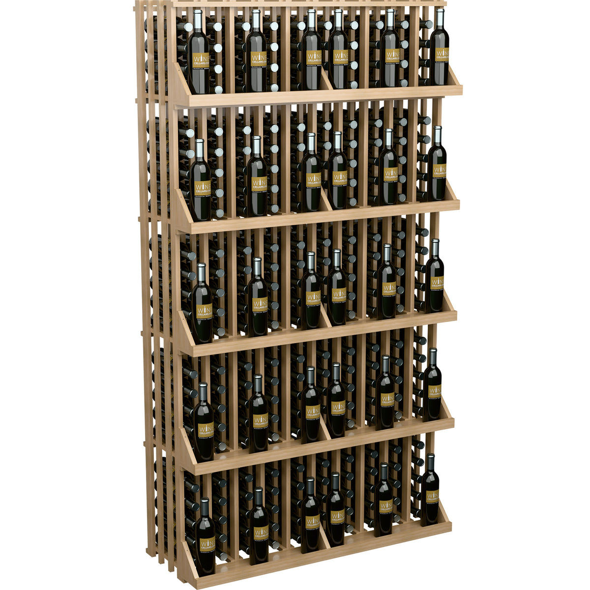Wine bottle wall display with light wood frame and 5 shelves, bottle rows shown