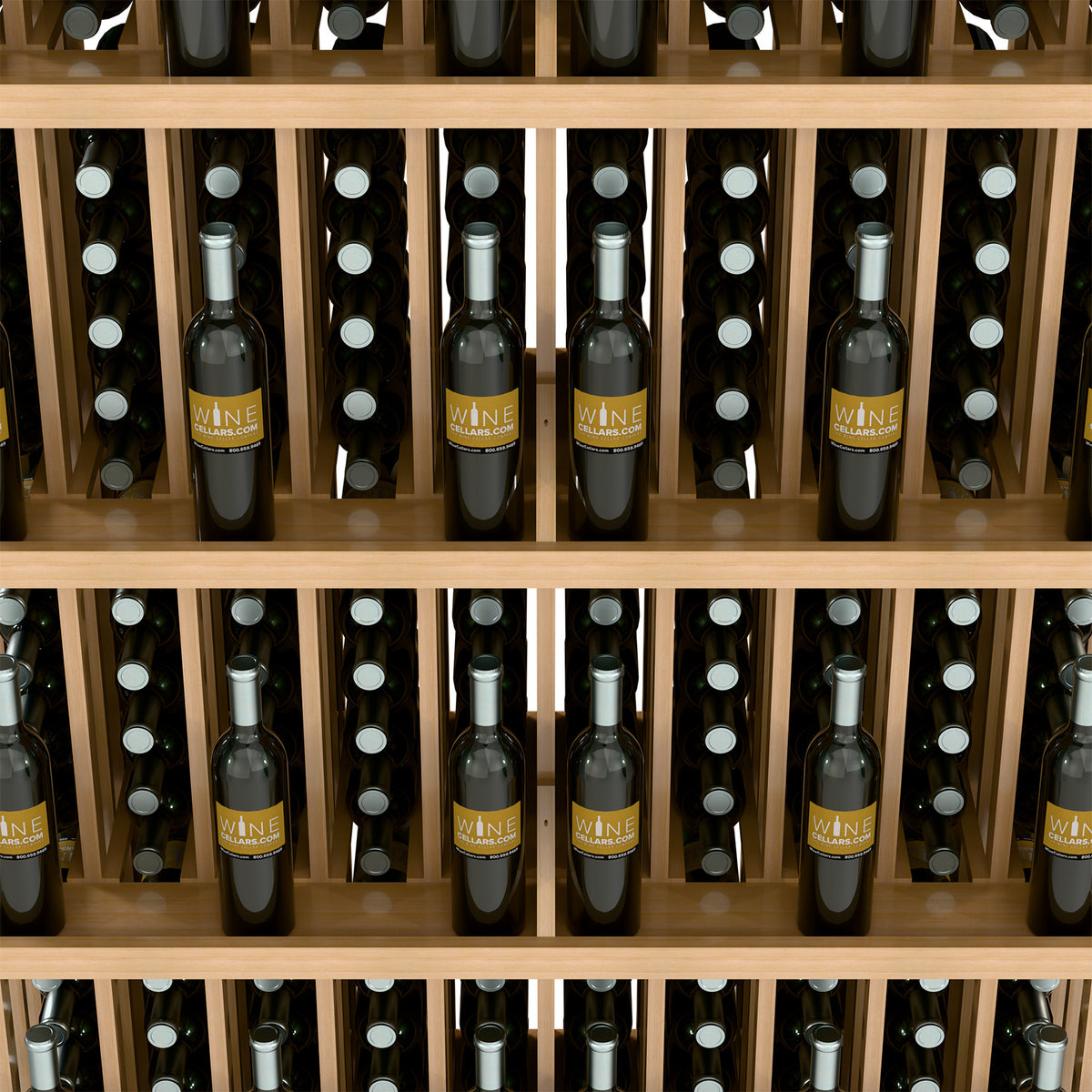 Wine bottle wall display interior with light wood shelves and rows of bottles