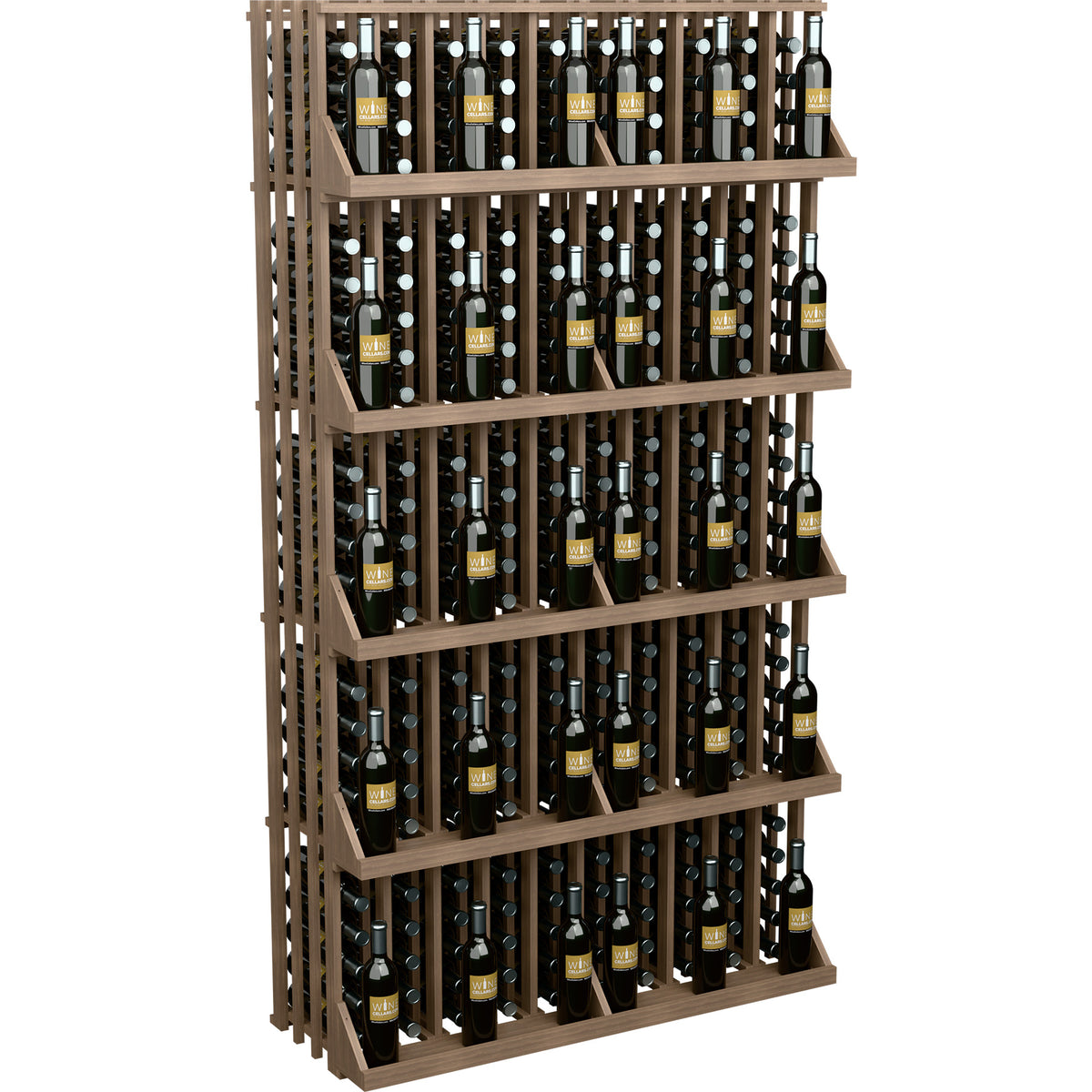 Dark wood wine bottle wall display with 5 shelves, bottles in vertical rows