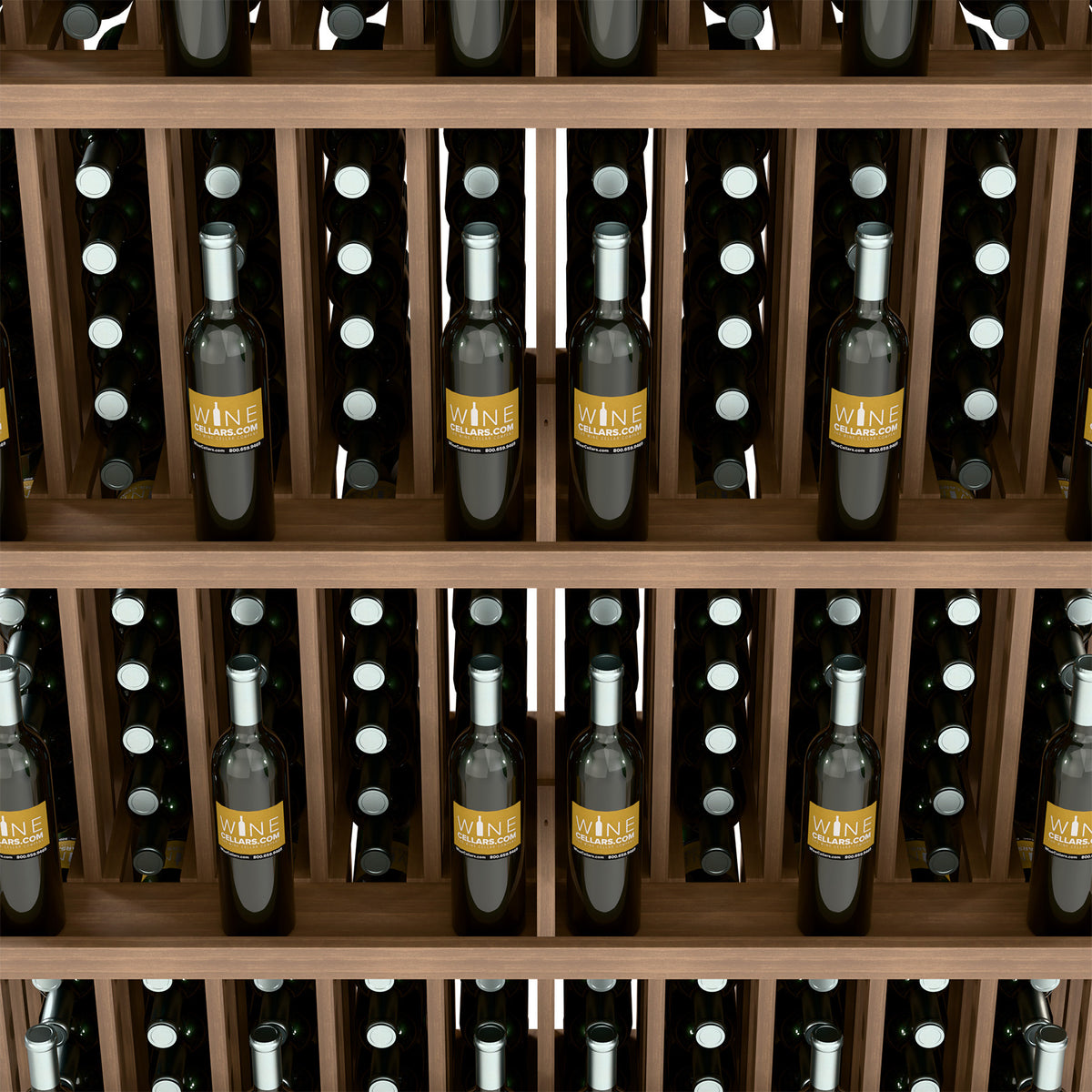 Wood wine bottle wall display with five shelves holding wine bottles in slots