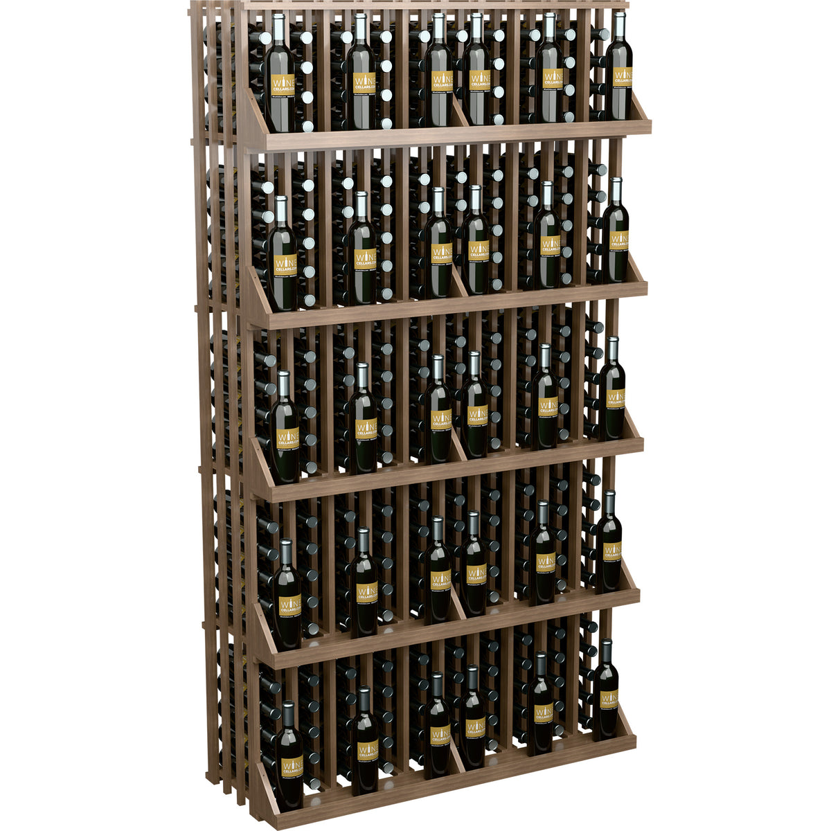 Wine bottle wall display with light wood frame and 5 shelves, many bottles in view