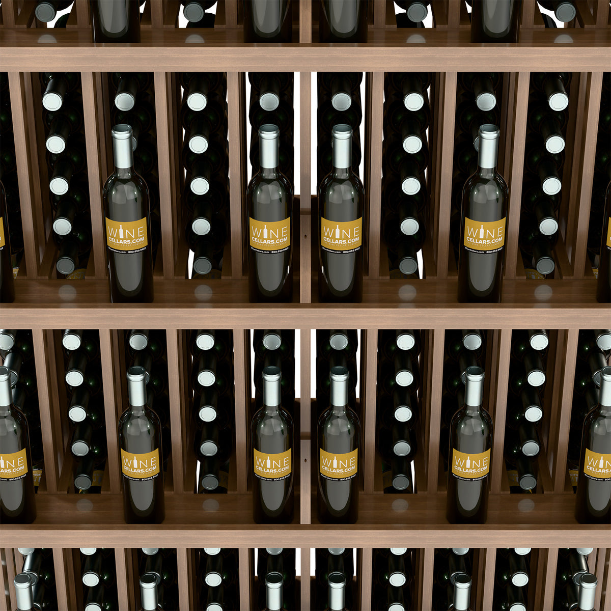 Close-up of wine bottles in wooden wall display slots and dividers