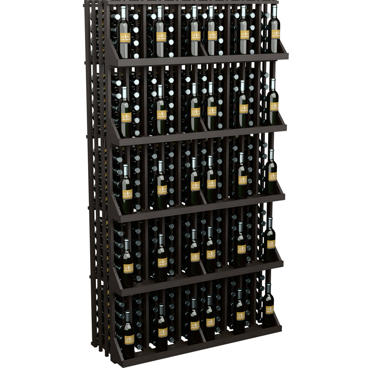 Wall-mounted wine bottle display with five black shelves, stacked bottle rows.