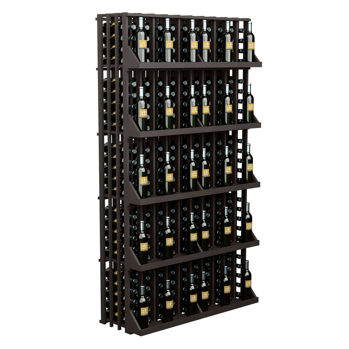 Wine bottle display with 5 shelves, black wood frame holding wine bottles