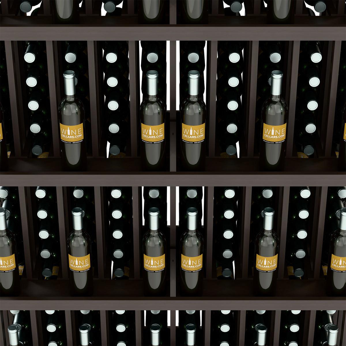 Wine bottle wall display shelf with bottles lined up behind a slatted rack
