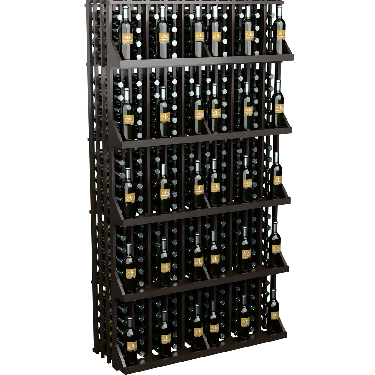 Wine bottle wall display with dark frame, 5 shelves, and slotted holders
