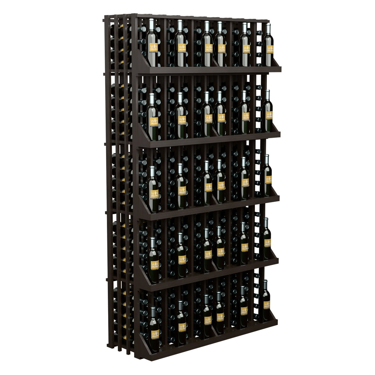 Wine bottle wall display with dark wood frame, 5 shelves, bottle rows