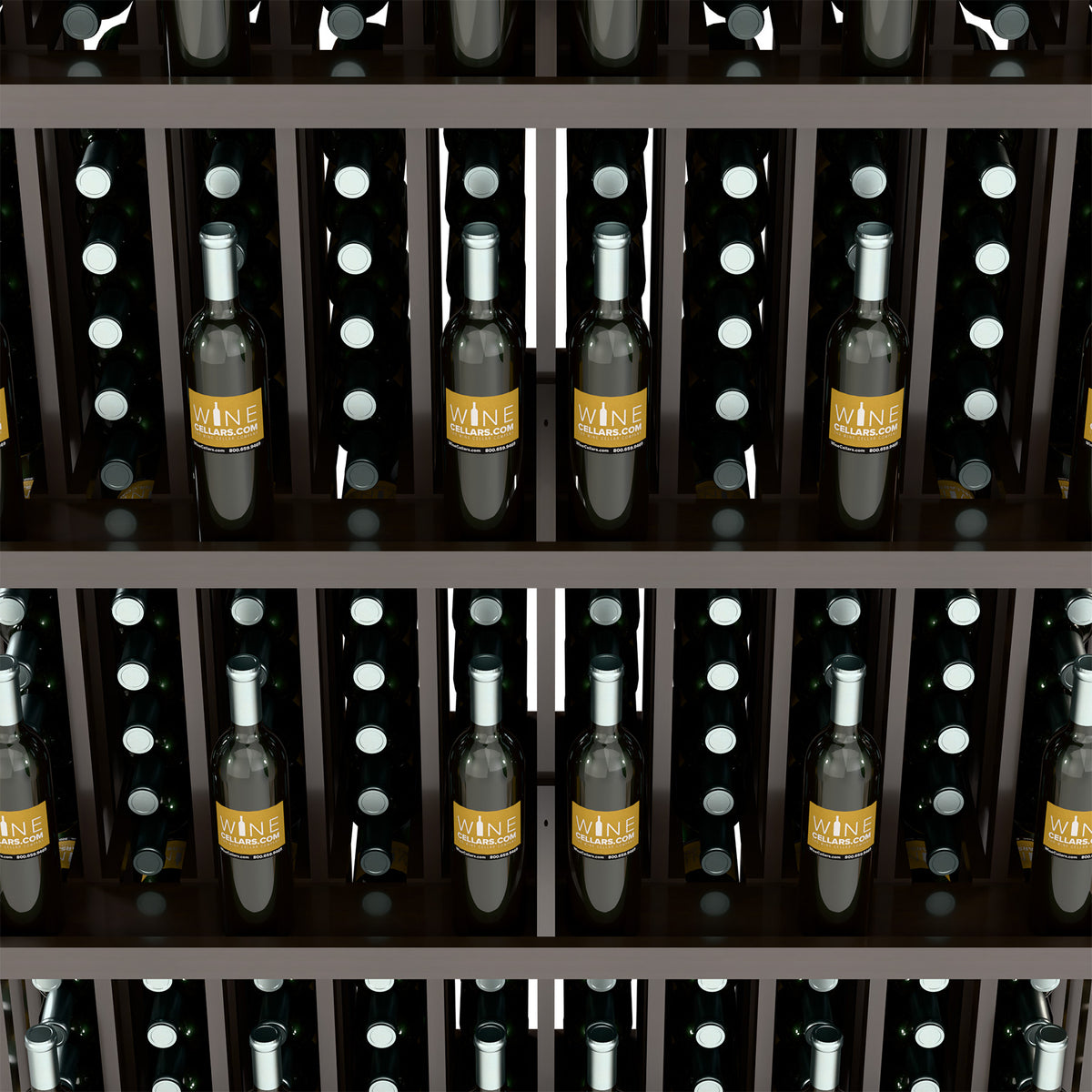 Close-up of wine bottles standing in wooden display slots with round inserts