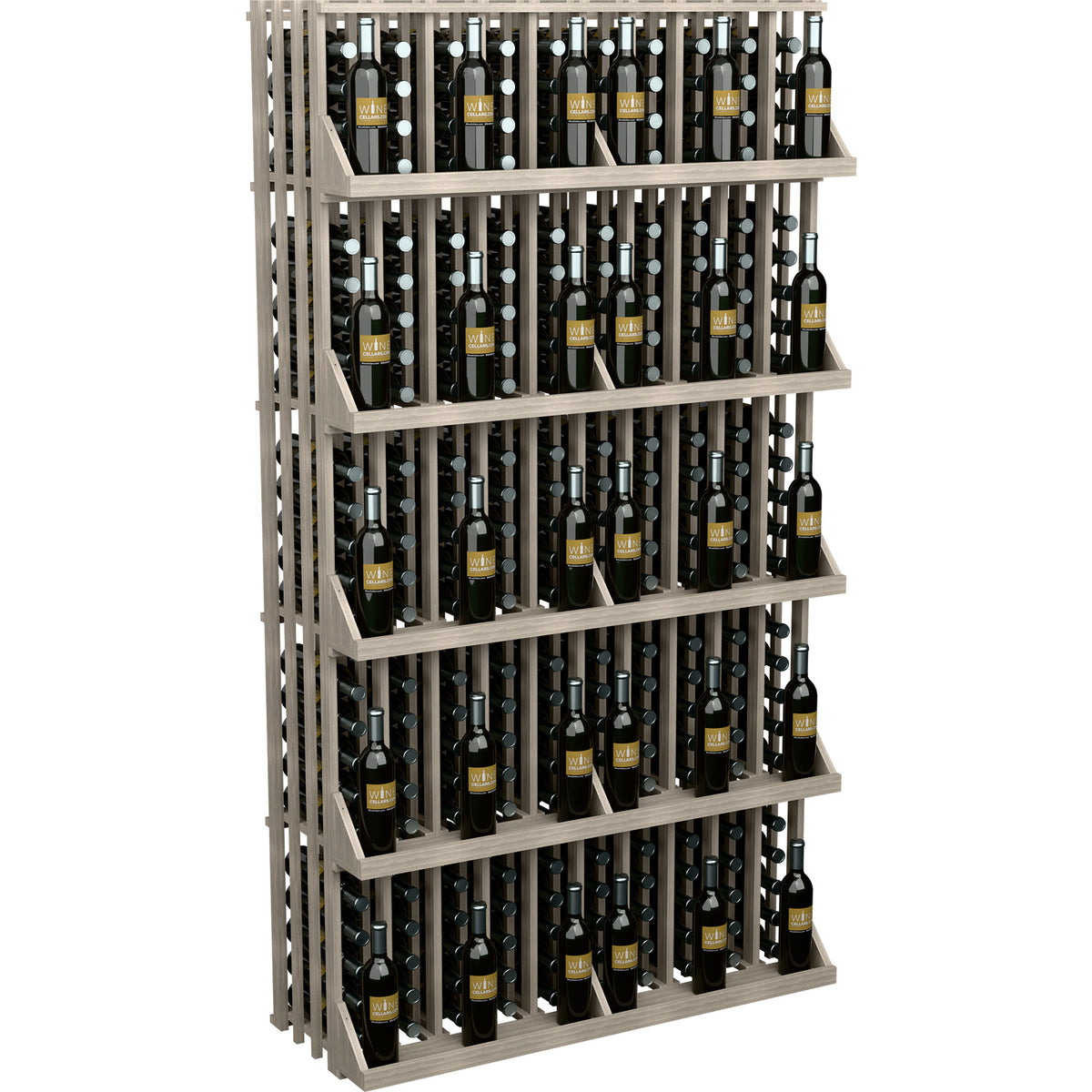 Whitewashed 5-shelf wine bottle display with bottles and open grid sides
