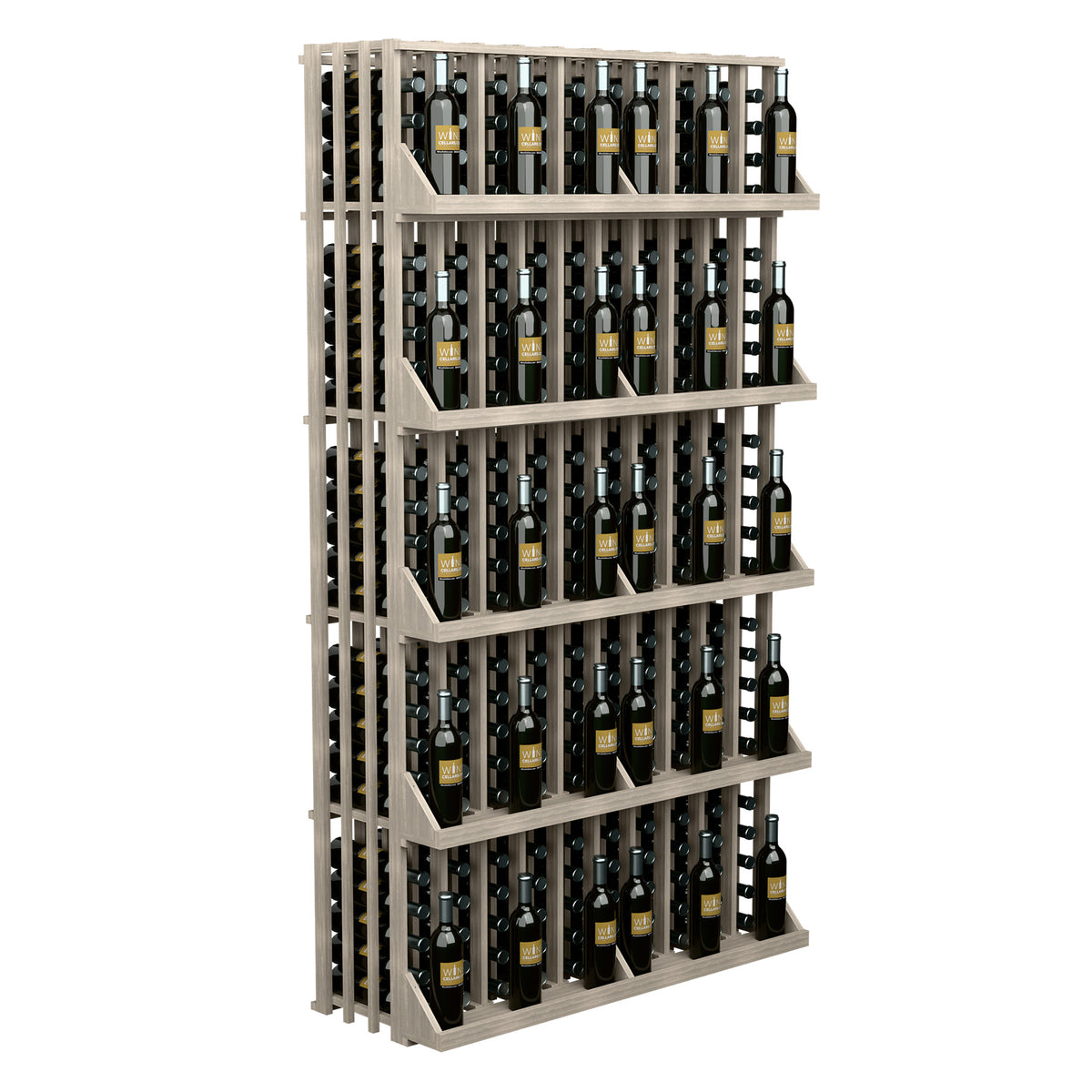 Wall-mounted wine bottle display with five light gray shelves, holding wine bottles.