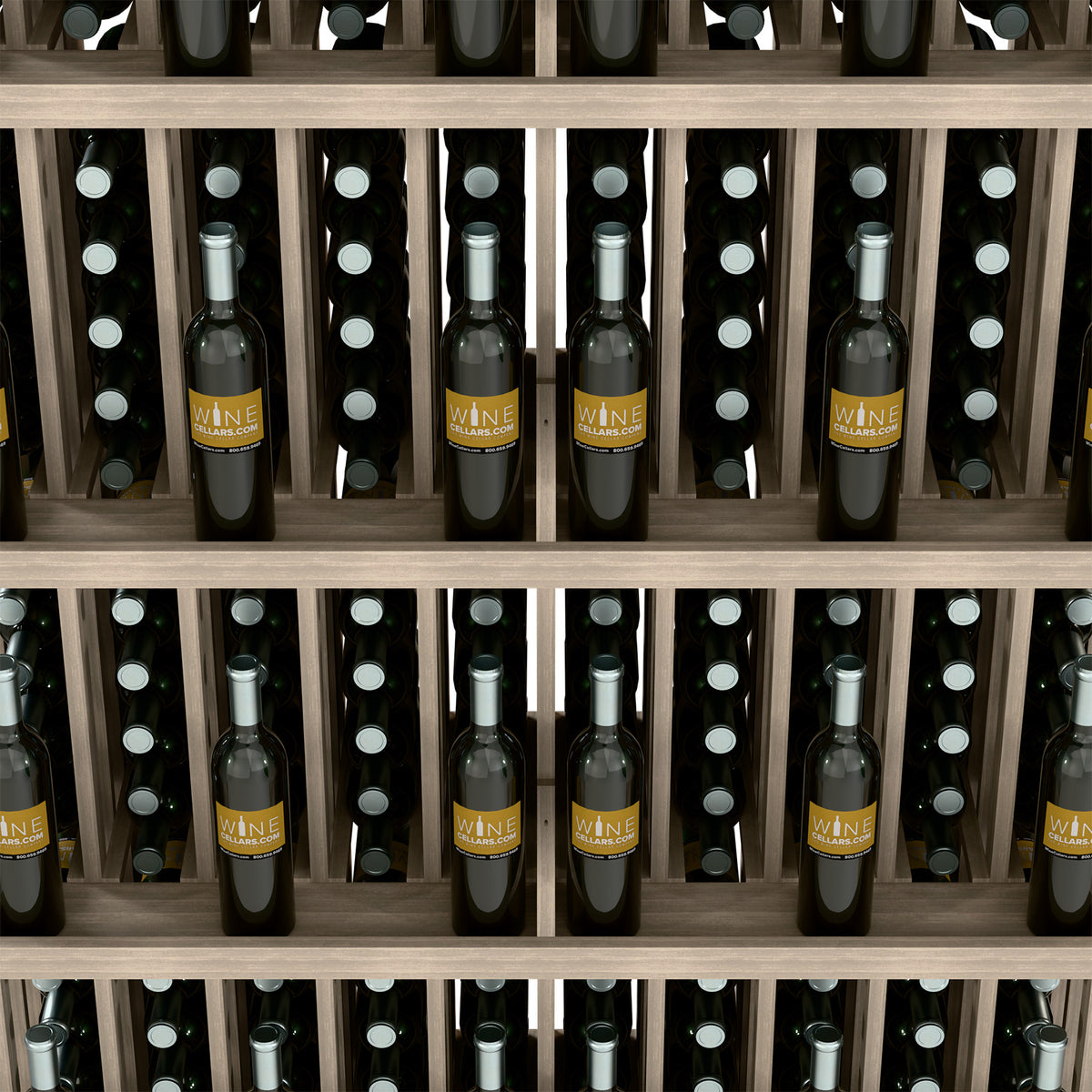 Wood wall wine bottle display with multiple open shelves and neatly stored bottles