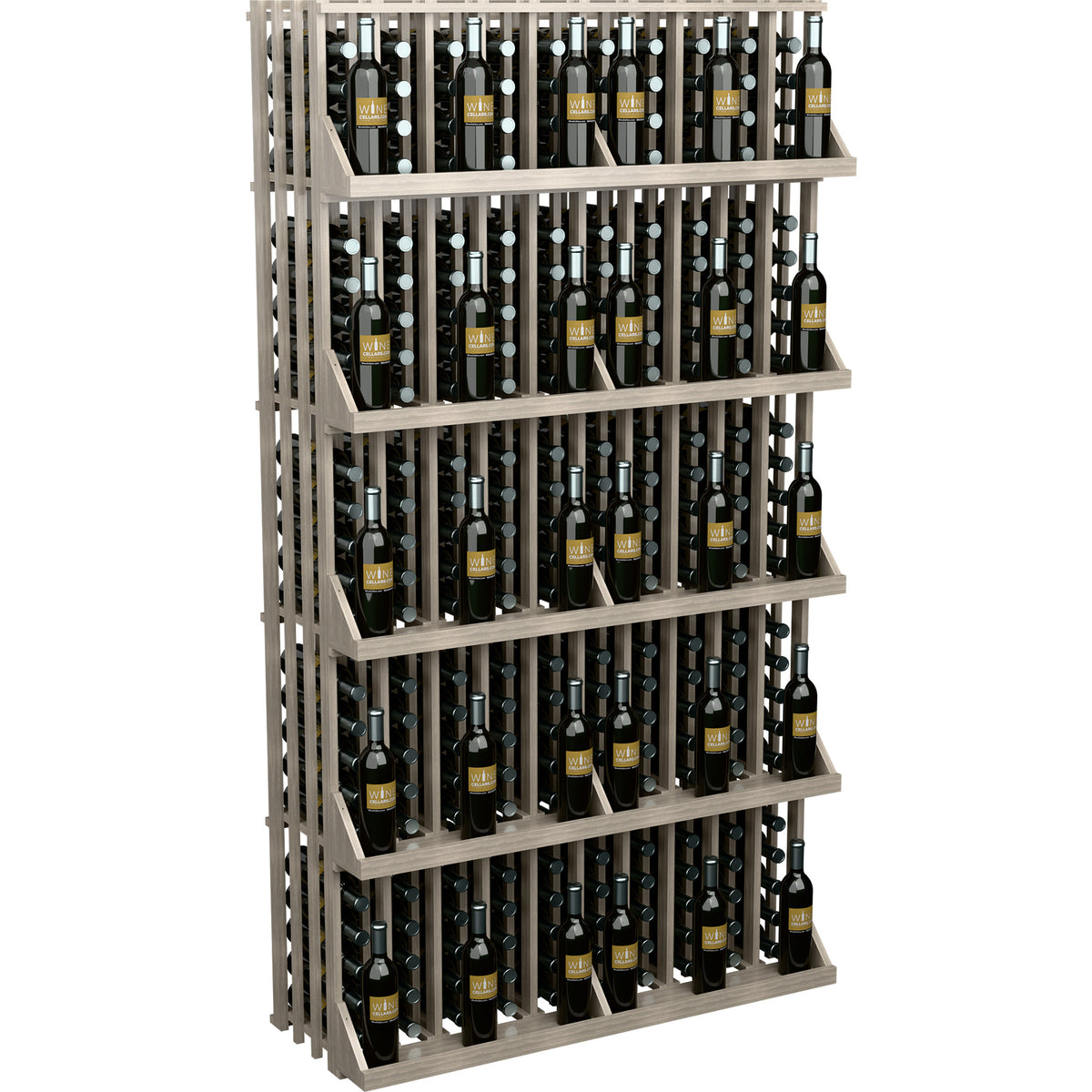 Wine bottle wall display with light wood frame, 5 shelves, slotted bottle holders