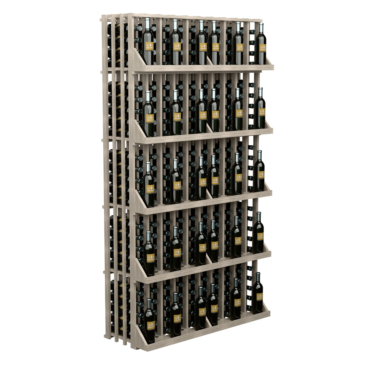 Wine bottle wall display with light wood slats and 5 shelves of bottle slots