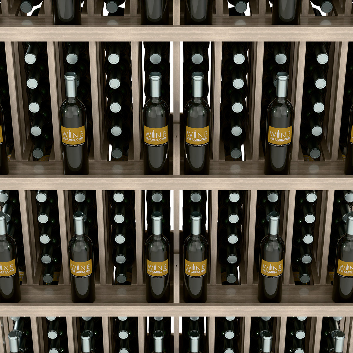 Close-up of wine bottles in light wood wall display slots and dividers