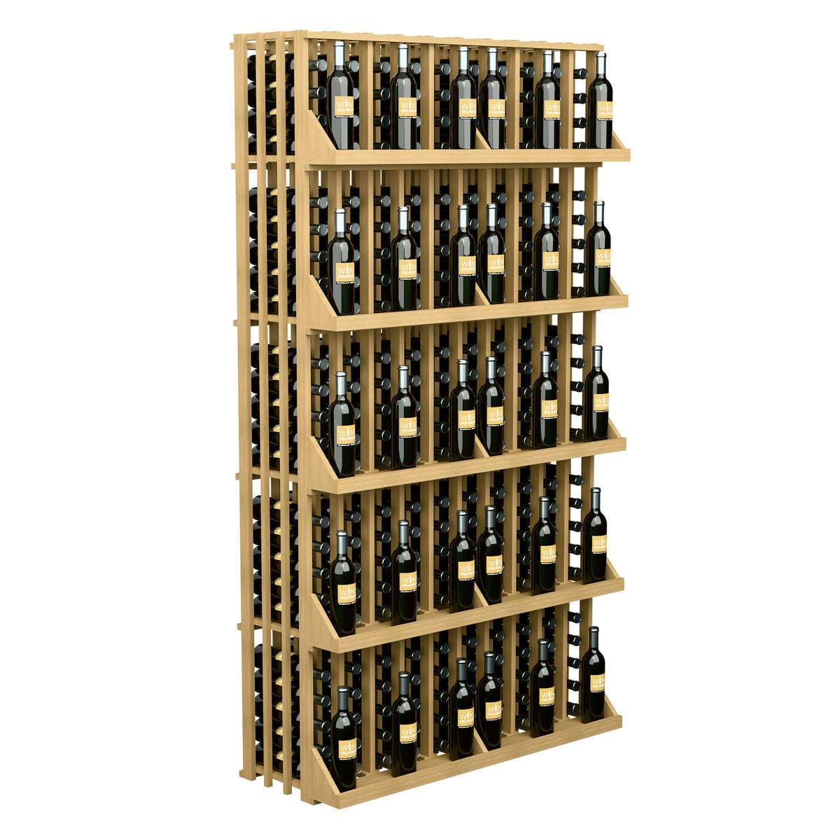 Pale wood wine bottle wall display with 5 shelves and slatted back, holds bottles