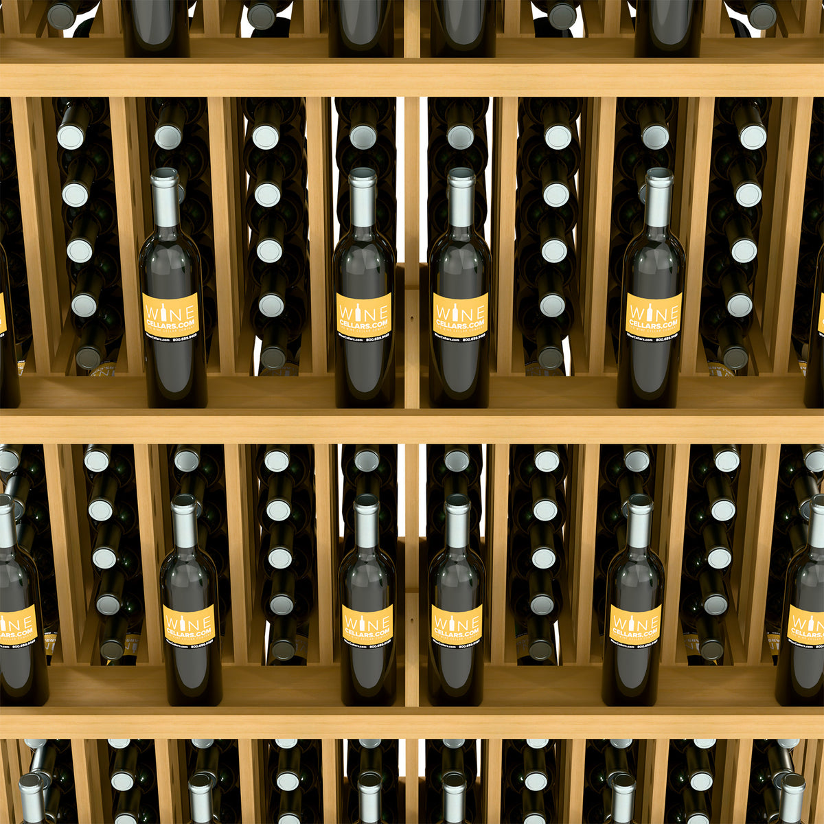 Light wood wall wine bottle display with open shelves holding bottles in rows