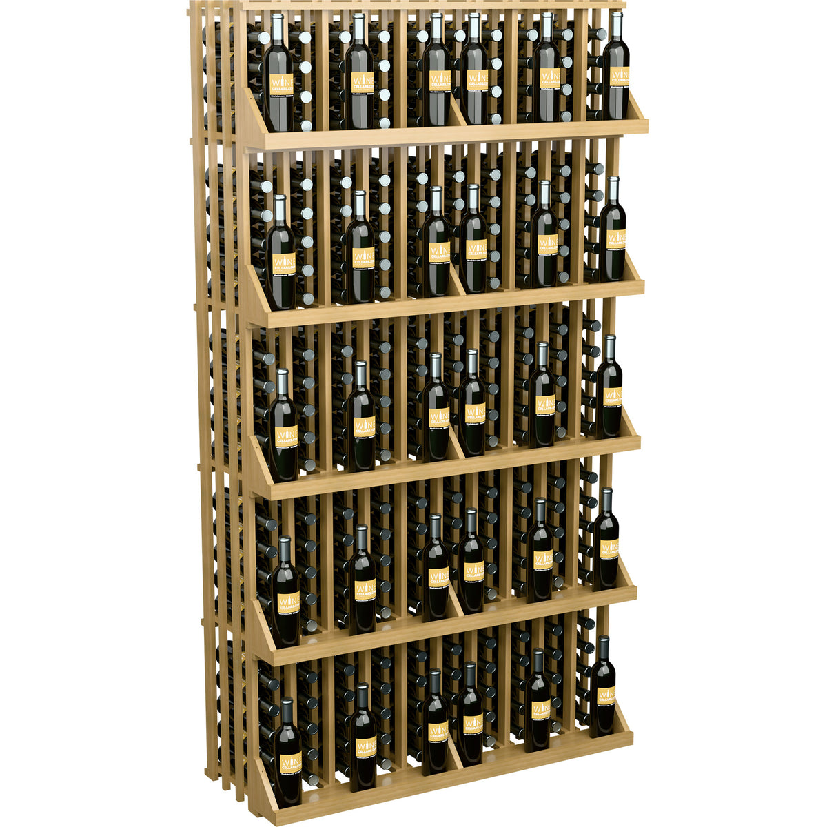 Wine bottle wall display with light wood frame, 5 shelves, and slotted bottle holders