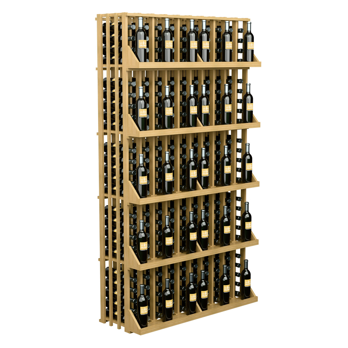 Wine bottle wall display with light wood frame, 5 shelves, and bottle rows