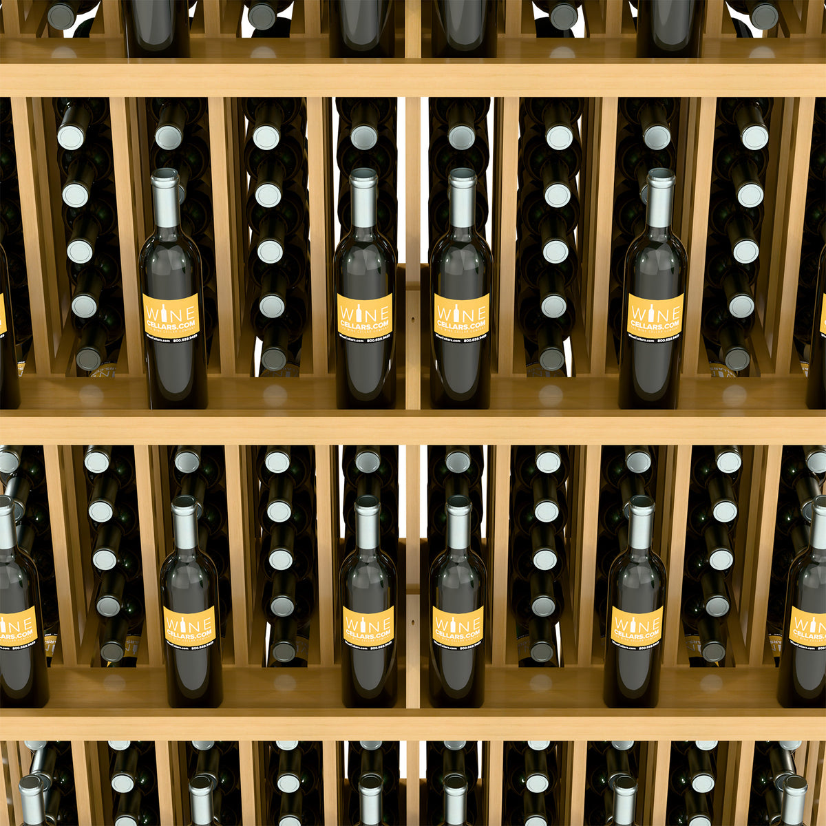 Wood wine bottle display rack with 5 horizontal shelves holding bottles in rows