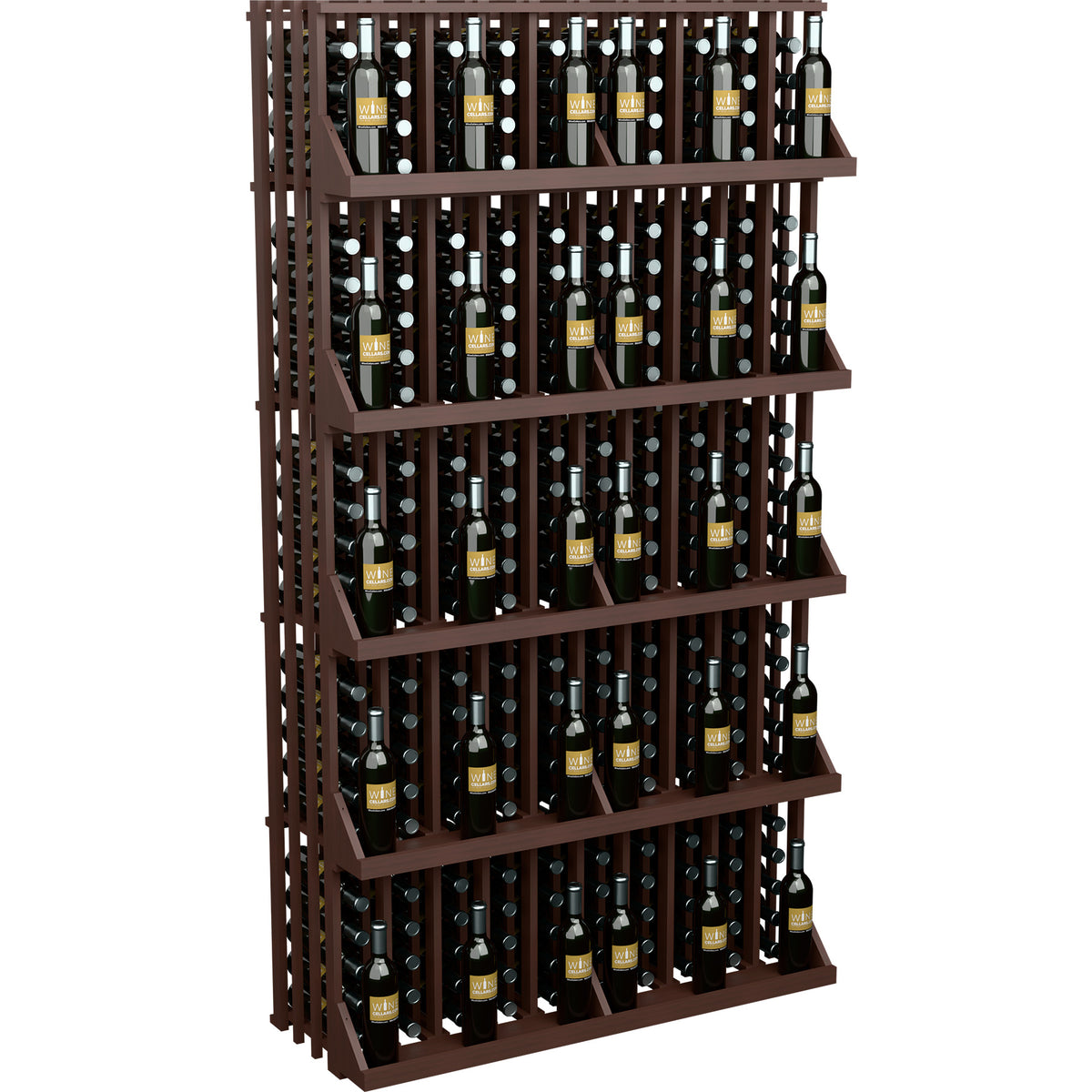 Dark wood wine bottle wall display with 5 shelves, bottles in vertical rows