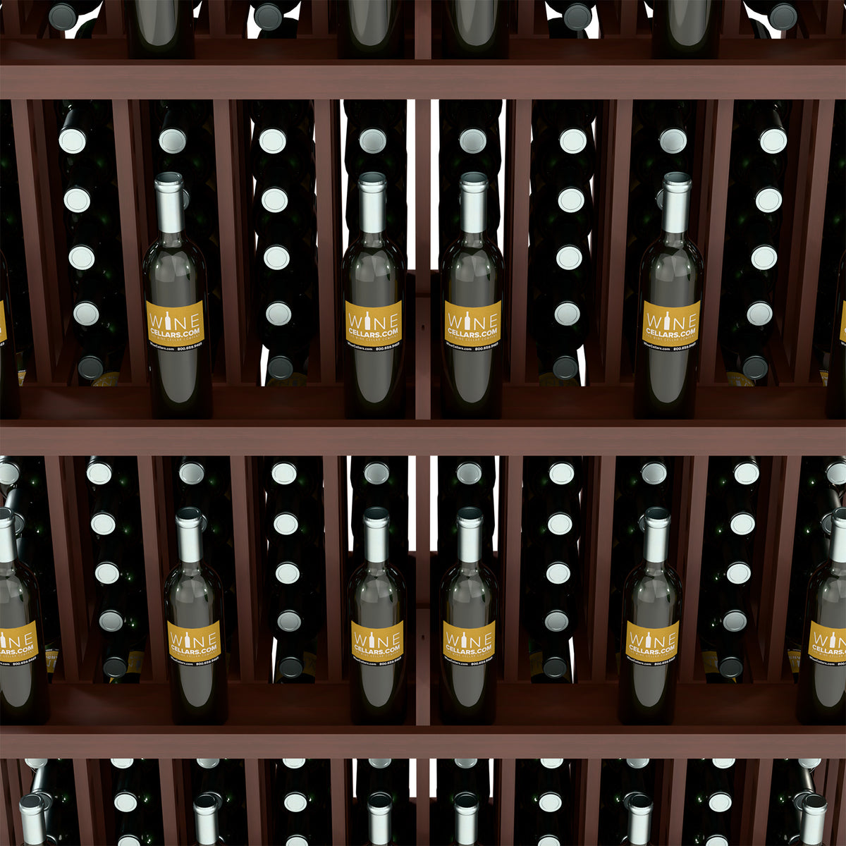 Brown wine bottle display shelves with rows of bottles and round light holes