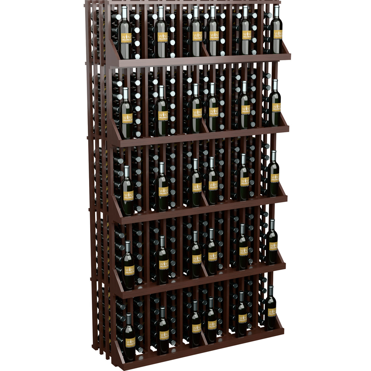 Dark wood wine bottle display rack with 5 shelves, bottles stored upright in slots