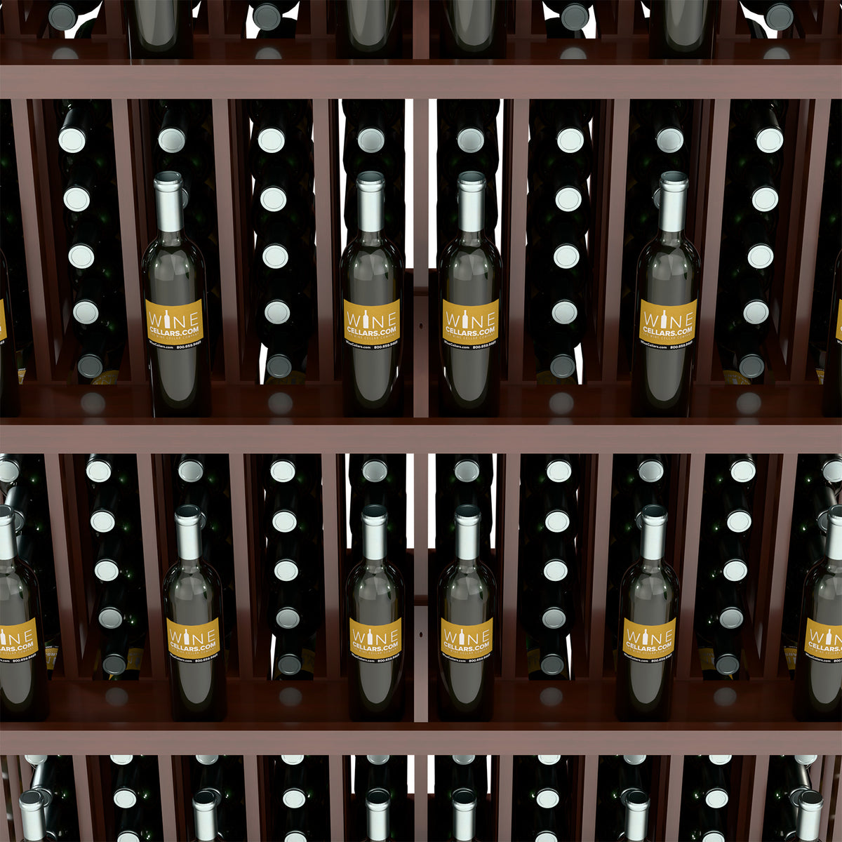 Wood wine bottle display with 5 shelves, showing upright bottles in grid dividers