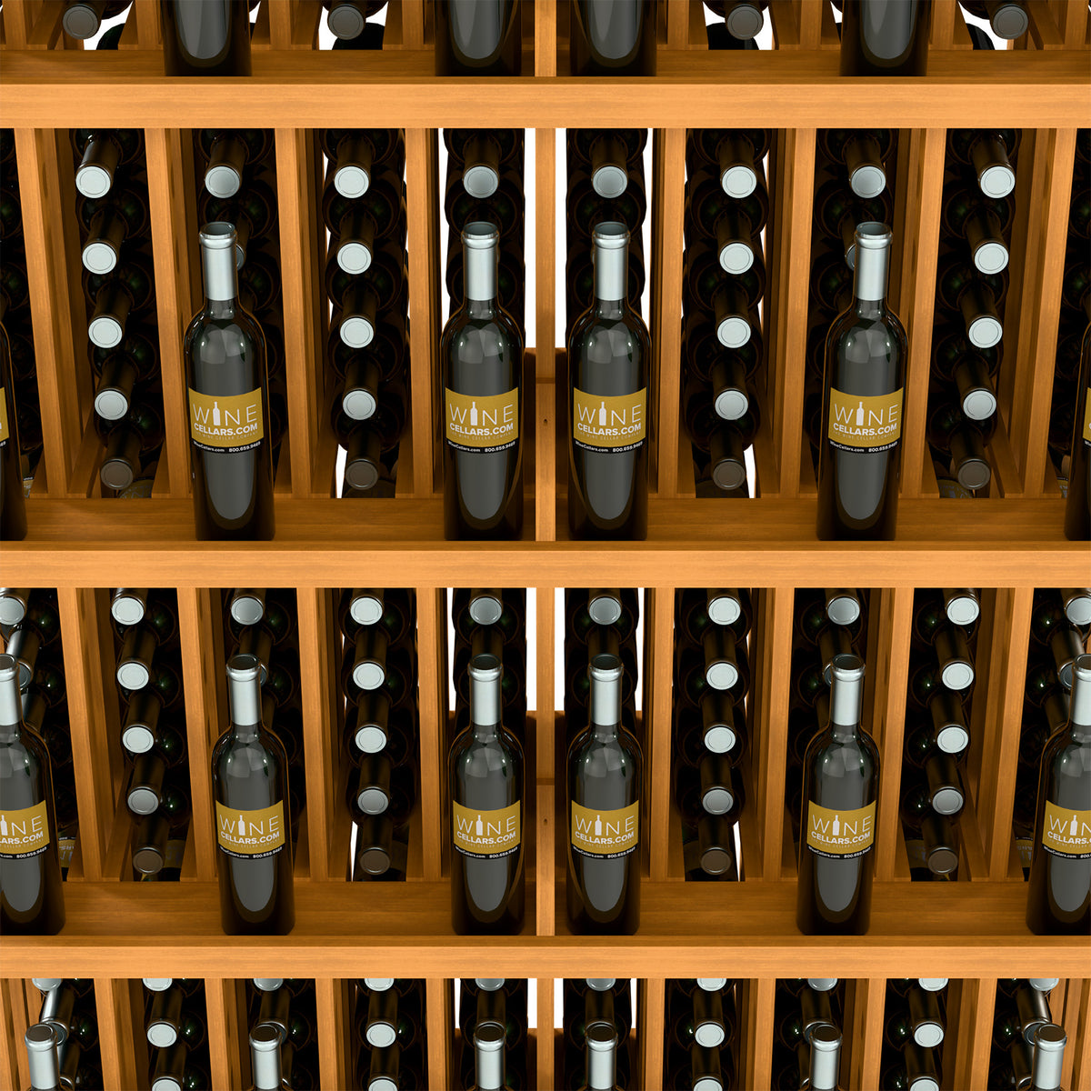 Five-shelf wood wine bottle wall display with bottles arranged in vertical slots