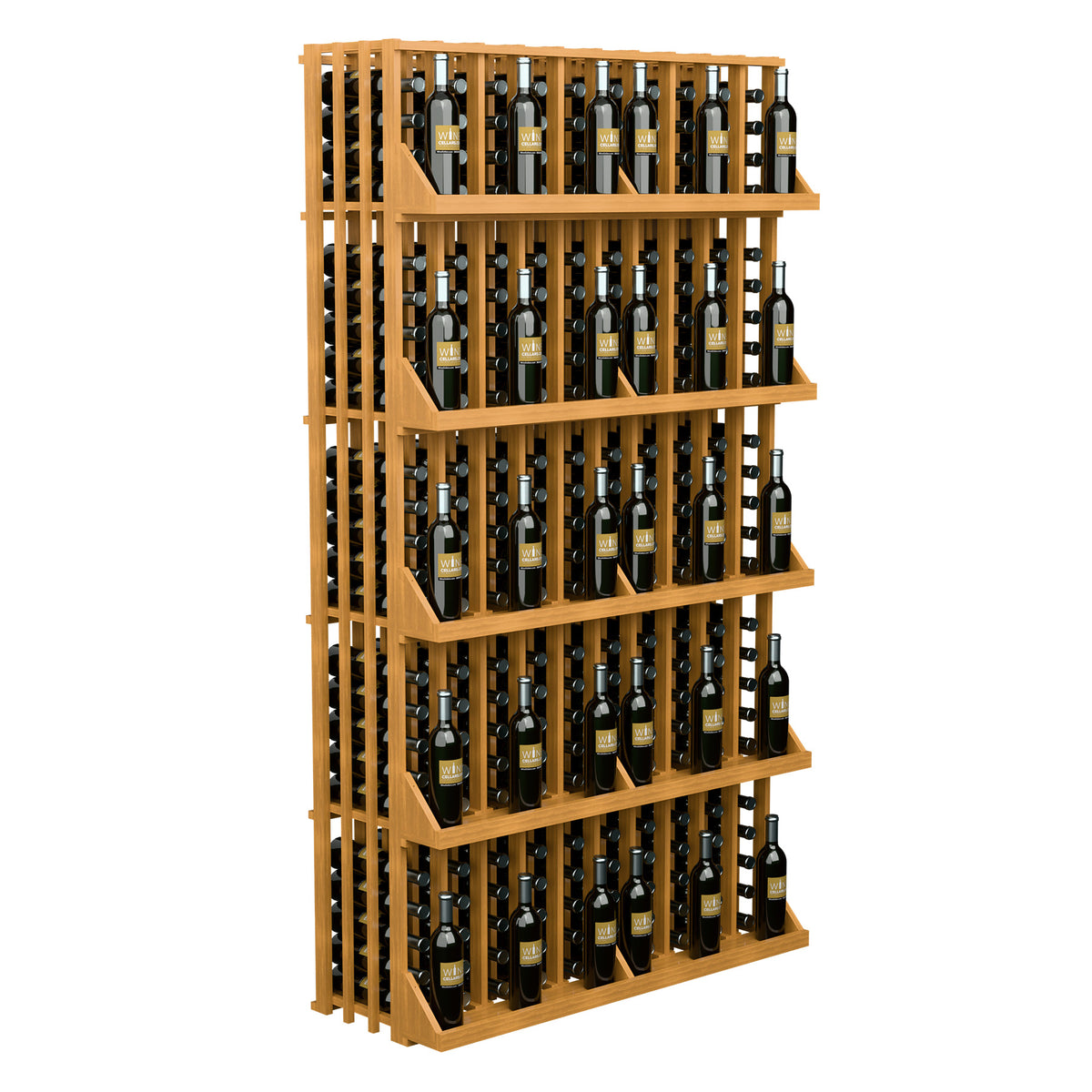 Natural wood wine bottle display rack with 5 shelves and upright bottles in rows