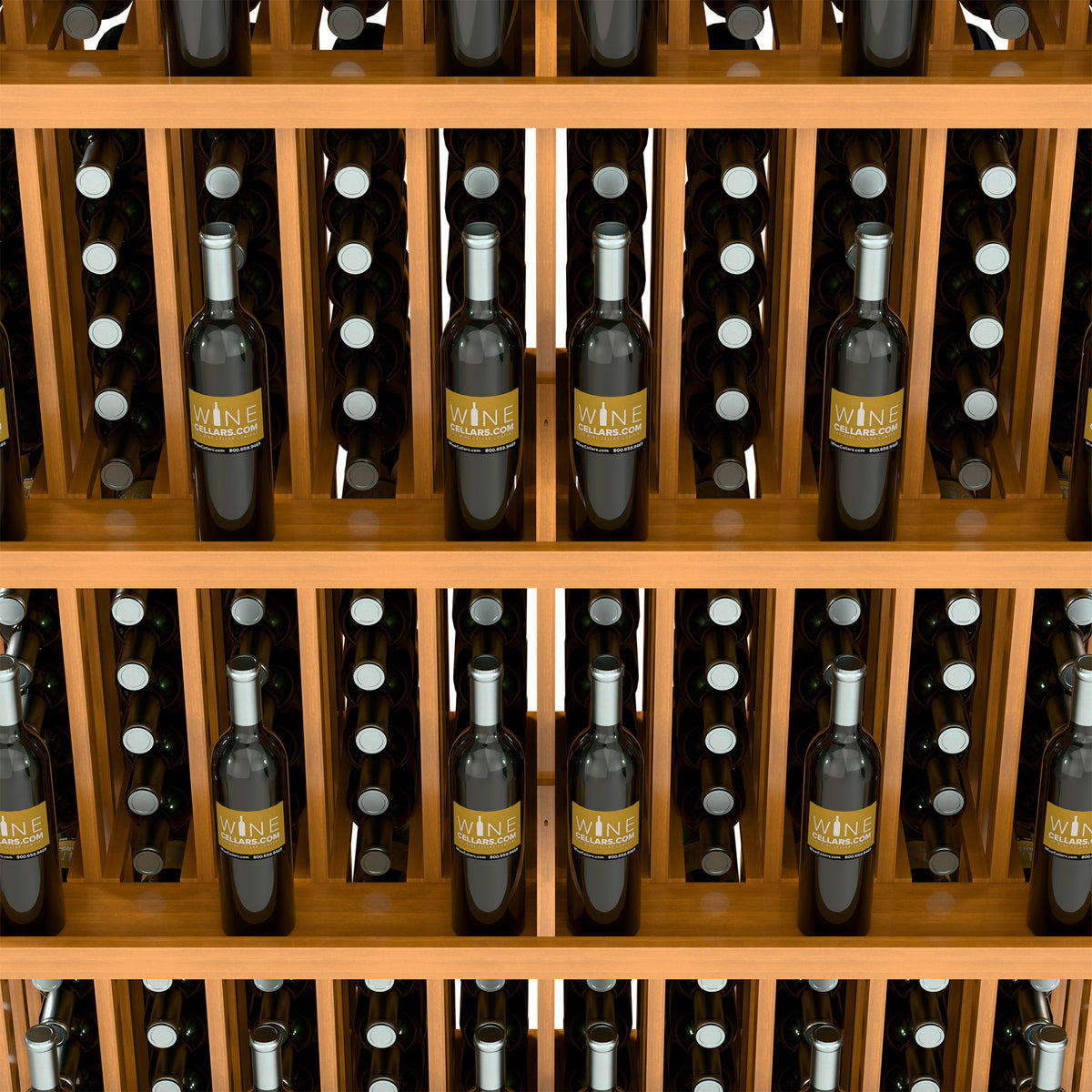 Wood wine bottle display rack with 5 shelves, front view of bottle rows in slots