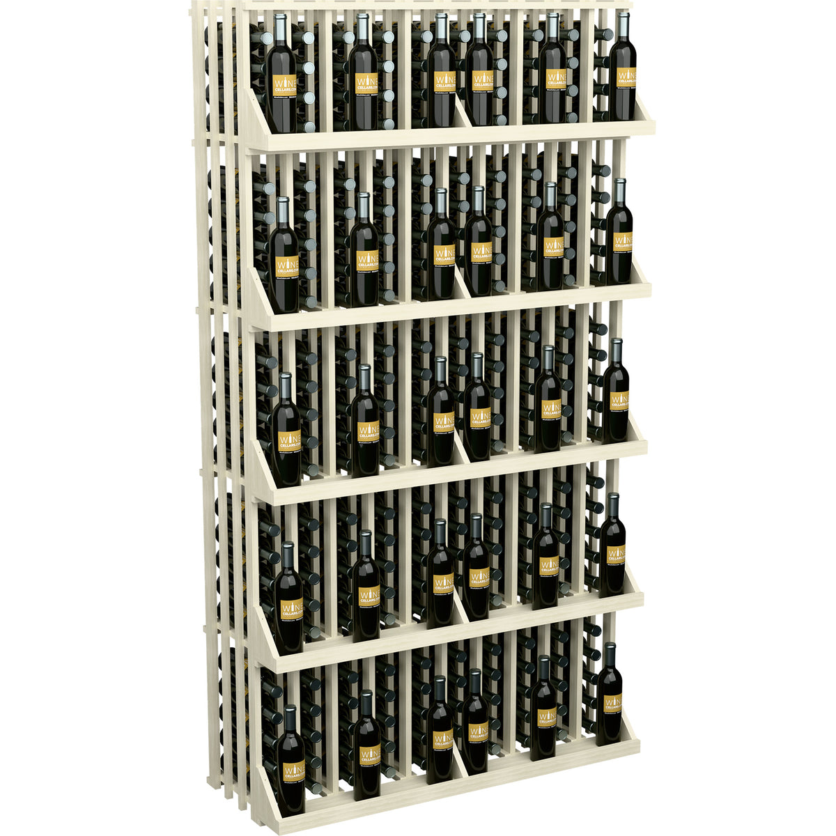 White 5-shelf wine bottle display rack with bottles and slatted dividers