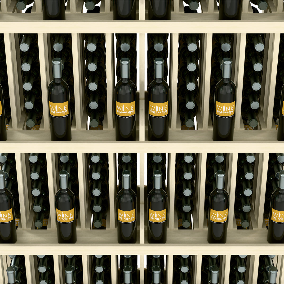 Light wood wine bottle wall display with five shelves and rows of bottle slots
