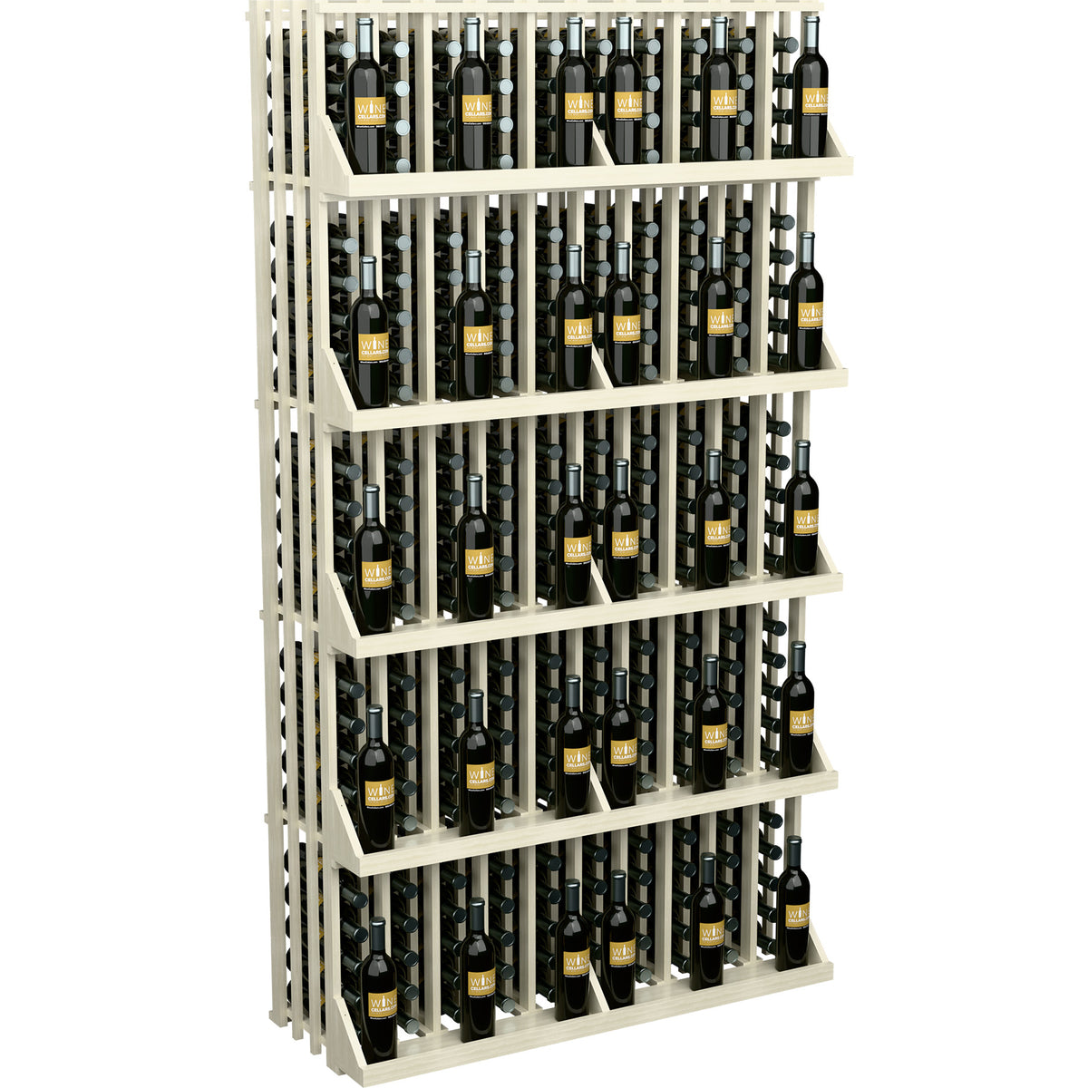 White wood wine bottle display rack with 5 shelves, upright bottles in organizer slots