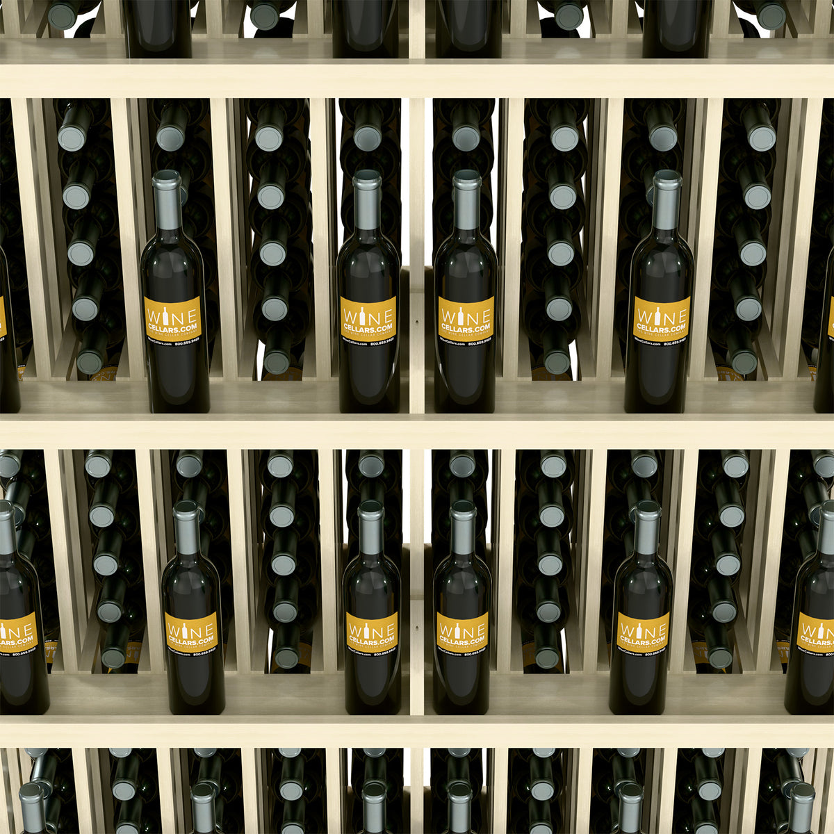 Wood wine bottle display rack with 5 shelves, close-up of bottles in front grid