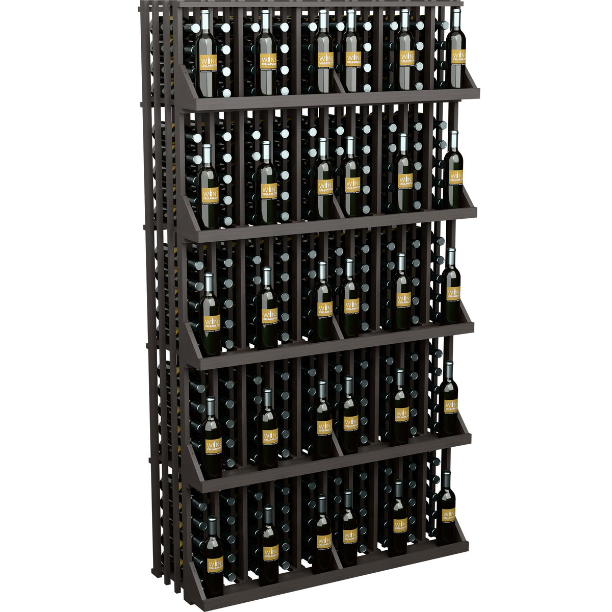 Wall-mounted wine bottle display with five black shelves, holding bottles in stacked rows.