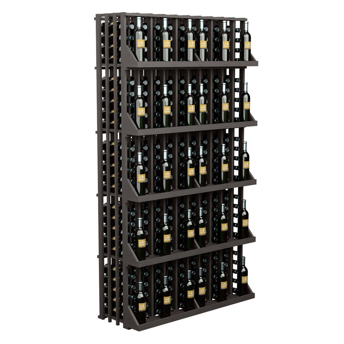 Black 5-shelf wine bottle display rack with slatted frame, holds assorted bottles.