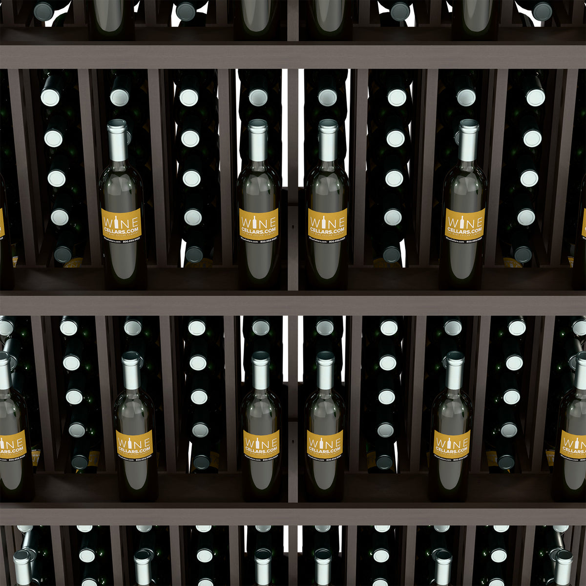 Brown 5-shelf wine bottle display with evenly spaced bottle rows
