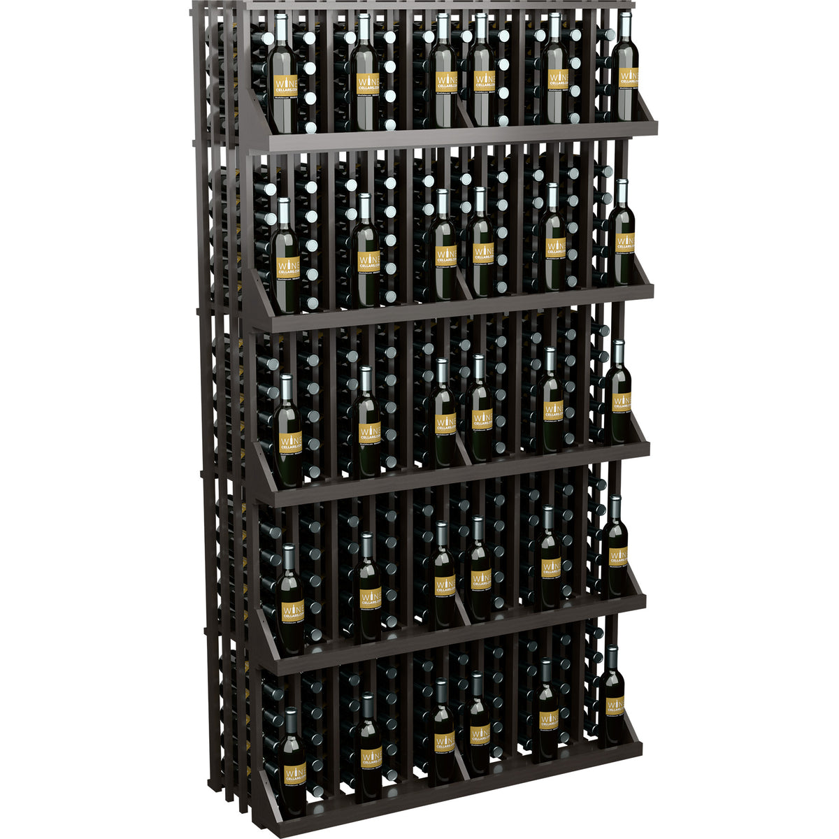 5-shelf wine bottle wall display with dark slotted frame and 4 rows of bottles