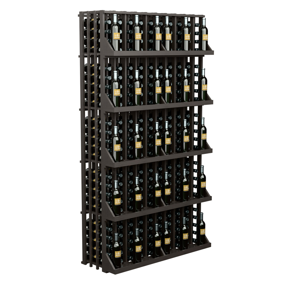 5-shelf wine bottle wall display with dark frame, slatted sides, and many bottles