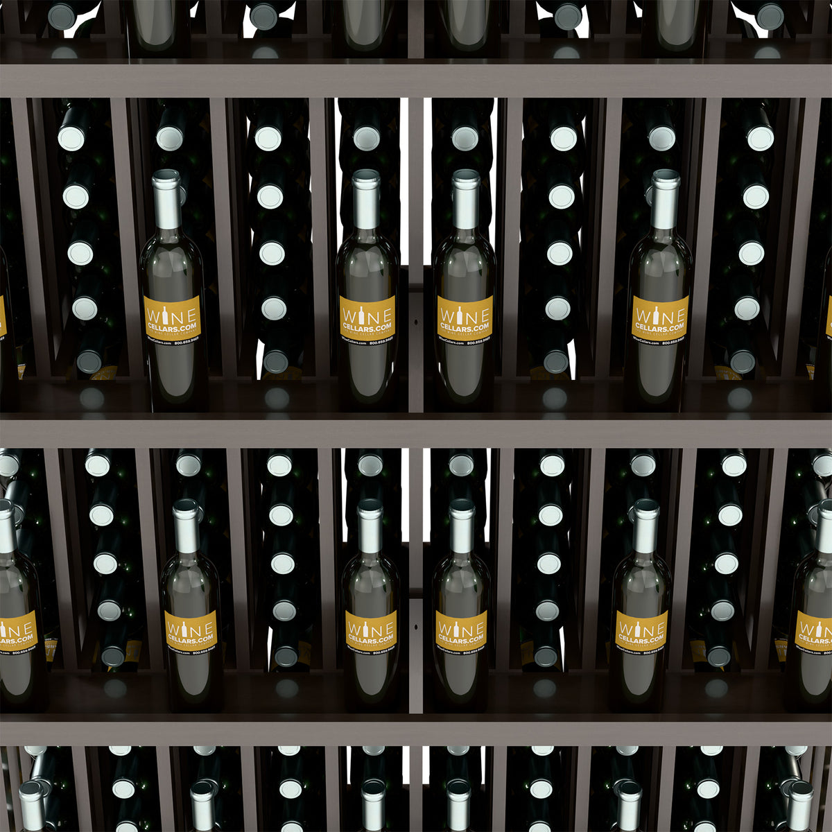 Close-up of bottles in a dark 5-shelf wine display with circular bottle slots