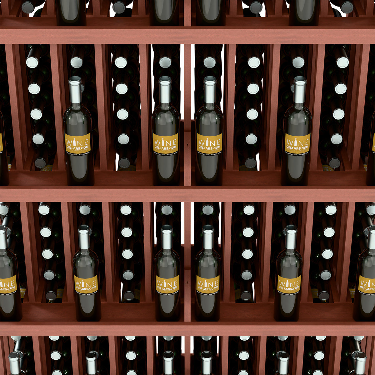 Red-stained wine bottle wall display with five shelves and bottle storage rows