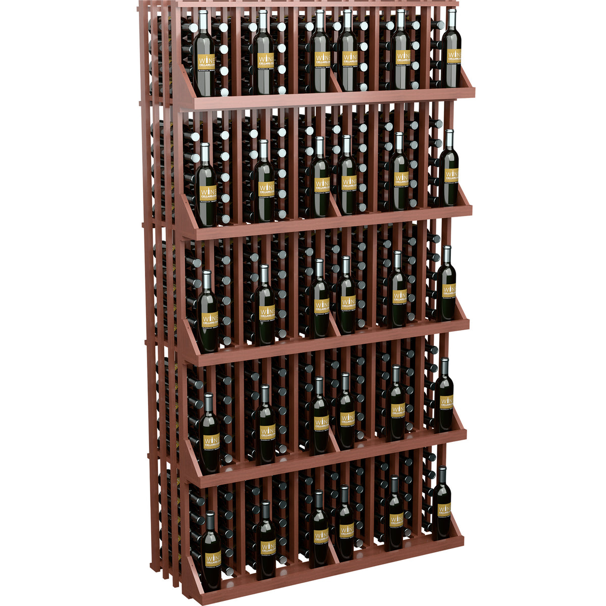 5-shelf wine bottle wall display with warm wood frame and bottle-filled shelves
